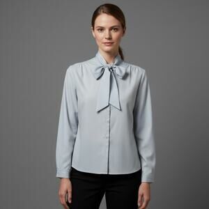 Vintage 70s Sears Fashion Place Gray Satin Touch Blouse with Bow Detail Size 10